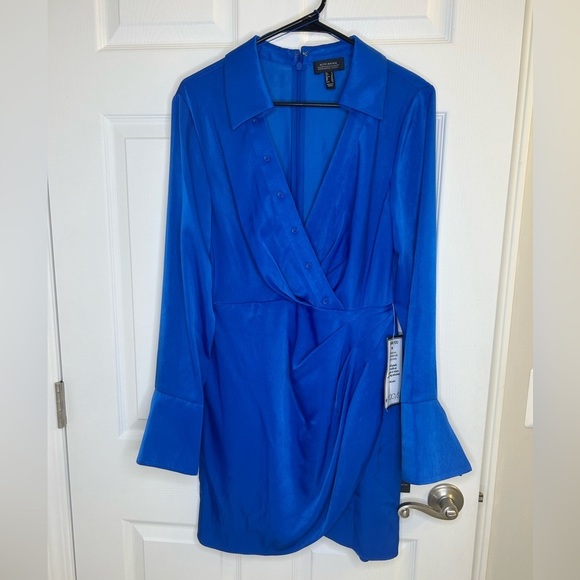 ADRIANNA PAPELL faux SATIN WRAP DRESS WITH LONG SLEEVES dark blue size 8 NWT - Picture 2 of 16